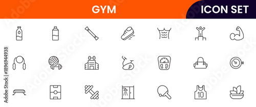 Gym icons depicting fitness, exercise, workout equipment, dumbbells, treadmills, yoga, strength training, health, wellness, cardio, personal training, motivation, stretching