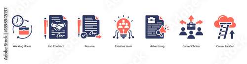 Career Agreements web banner icon vector illustration featuring Working Hours, Job Contract, Resume, Creative Team, Advertising, Career Choice, and Career Ladder.