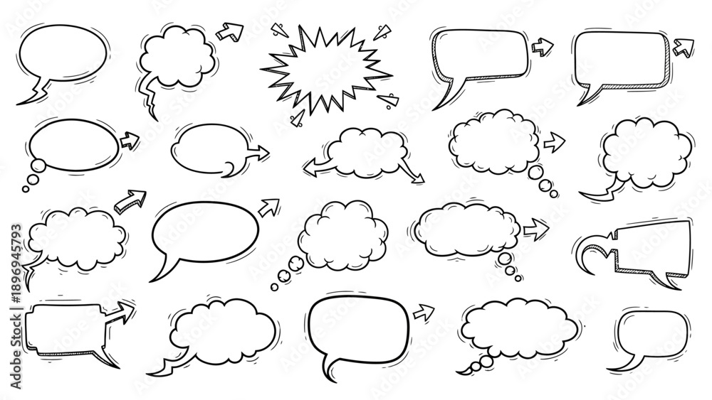 Fototapeta premium Hand-drawn Speech Bubbles Collection with Various Shapes and Arrows