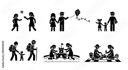 Stick figure family activities and leisure time illustrations.