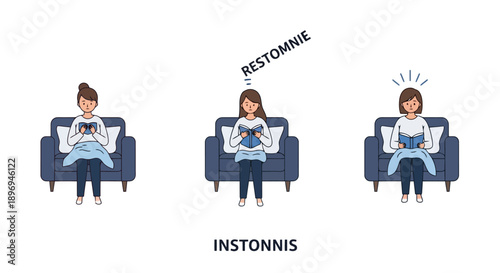 Woman reading book on sofa with different expressions and thoughts.