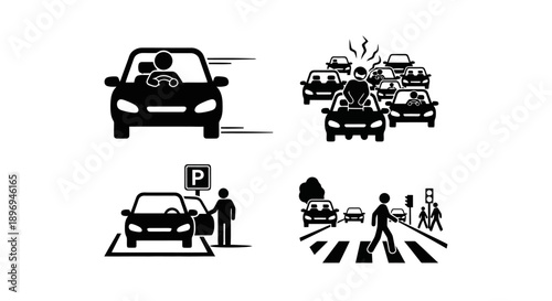 Set of four traffic and driving related icons.