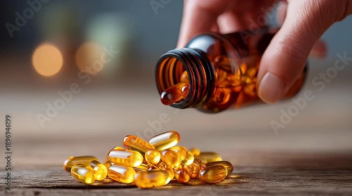 Hand pouring golden omega-3 fish oil capsules from a brown bottle onto a wooden table, highlighting health supplements and wellness.
