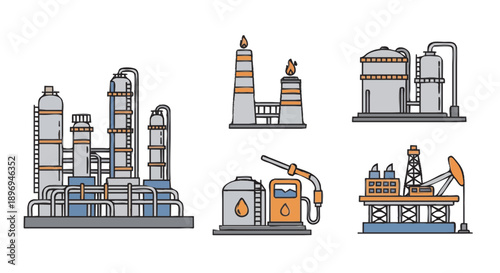 Set of industrial factory and oil rig illustrations.