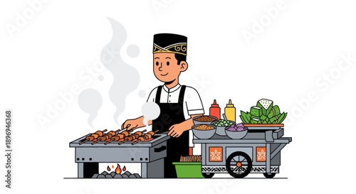 Cartoon Vendor Cooking Satay on a Street Food Cart with Smoke.