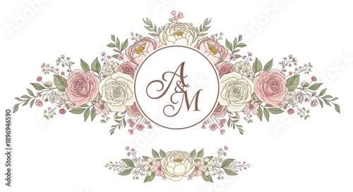 Elegant Floral Crest with Initials for Wedding Invitation Design.