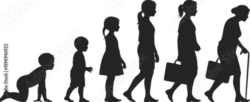 Human life stages silhouette evolution from baby to elderly woman, aging process timeline concept, flat vector illustration design set collection