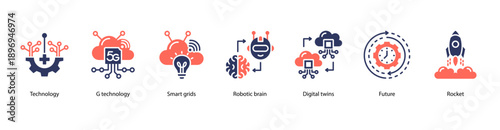 Next-Gen Technology Infrastructure web banner icon vector illustration featuring Technology, 5G Technology, Smart Grids, Robotic Brain, Digital Twins, Future, and Rocket.