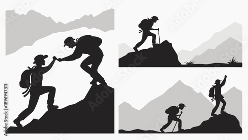 Silhouette Hikers Climbing Mountain Peaks Achieving Success Teamwork Support for Adventure Travel Web Design and Motivation