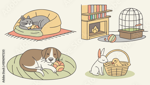 Cozy Domestic Pets Illustration Happy Cat Dog Rabbit Chick Resting in Home Setting for Pet Care Websites