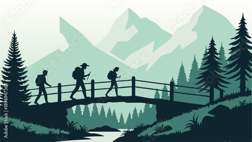 Hikers Backpacking Across Mountain Bridge in Wilderness Landscape for Adventure Travel Web Design and Outdoor Recreation Marketing