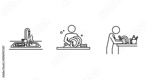 Simple Line Art Icons Representing Dishwashing Process.