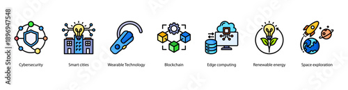 Future City and Space Innovation web banner icon vector illustration featuring Cybersecurity, Smart Cities, Wearable Technology, Blockchain, Edge Computing, Renewable Energy, and Space Exploration.