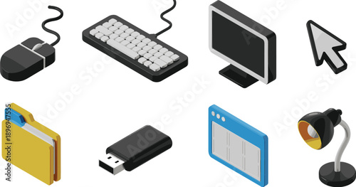 Isometric computer accessories icons set, mouse keyboard monitor usb folder cursor lamp workspace technology devices, flat vector illustration