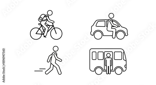 Set of four simple line art icons representing different modes of transportation.