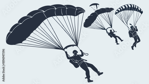 Dynamic Parachutists Descending with Open Canopies Skydiving Adventure Extreme Sports Team Building Success Journey 148