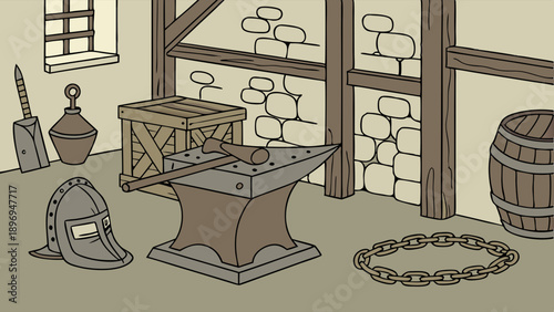 Rustic Blacksmith Forge Interior with Anvil Hammer Helmet and Chain for Medieval Game Design or Historical Illustration