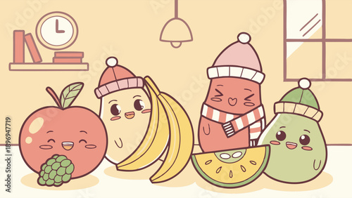 Cute Kawaii Winter Fruits Characters Happy Gathering For Healthy Eating Education Or Recipe Design