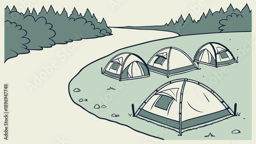 Riverside Camping Site Four Tents Pitched Near Water for Outdoor Adventure Travel Vacation Summer Recreation