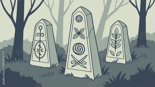Mystical Ancient Runestones in Dark Forest Setting for Pagan Rituals or Fantasy Game Design Assets