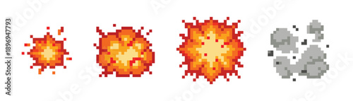 Pixel art explosion animation sprite sheet sequence with smoke and fire frames