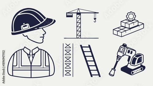 Construction Safety Icons Set Worker Hard Hat Crane Ladder Excavator for Building Industry Web Design Projects