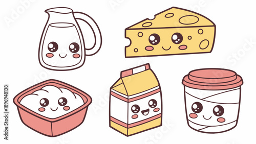 Cute Kawaii Dairy Products Milk Cheese Butter Yogurt for Healthy Food Web Design or Children Menu Graphics