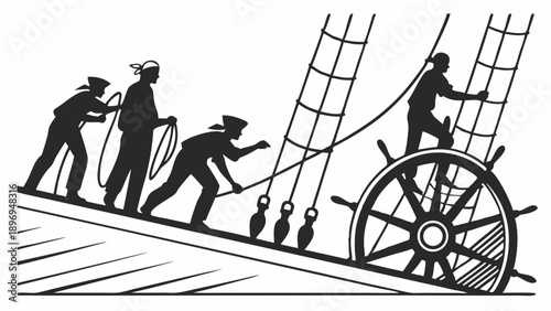 Sailing Crew Working Together Hauling Ropes Steering Ship Wheel Teamwork for Web Design or Maritime Industry Success