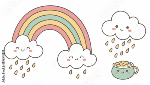 Cute Kawaii Rainbow and Clouds Illustration for Children's St Patrick's Day Greeting Cards Web Design Fun Weather Graphics