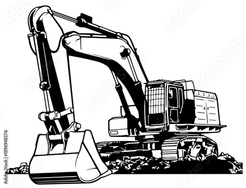 Excavator backhoe loader illustration, black ink vector, detailed wheels and bucket, construction equipment graphic