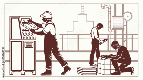 Industrial Workers Operating Machinery Inspecting Inventory in Manufacturing Plant for Production Quality Control and Logistics