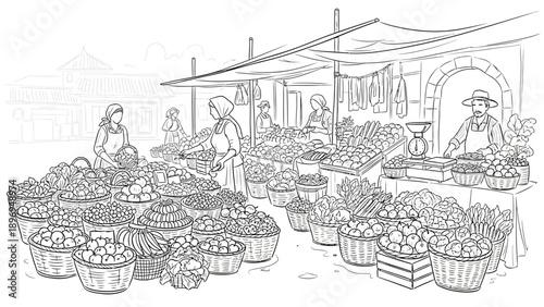 Black and White Market Scene Depicting Various Fruits and Vegetables