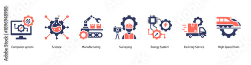 Advanced Technology Systems web banner icon vector illustration featuring Computer System, Science, Manufacturing, Surveying, Energy System, Delivery Service, and High Speed Train.