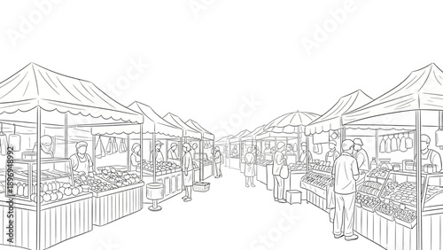 Detailed Line Art Illustration of a Busy Outdoor Market Scene