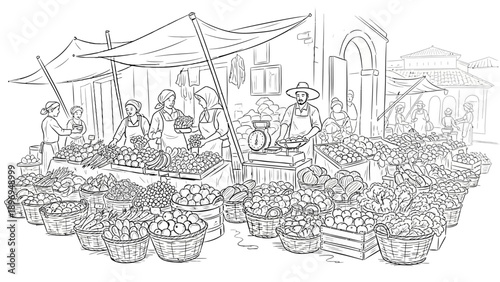 Black and White Market Scene Depicting Various Fruits and Vegetables