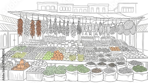 Hand-drawn Market Stall Displaying Various Food Items and Goods