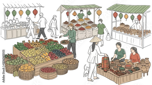 Colorful Vietnamese Market Scene Depicting Various Stalls and People Interacting.