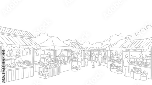 Outlined Illustration of a Busy Outdoor Market with Stalls and People