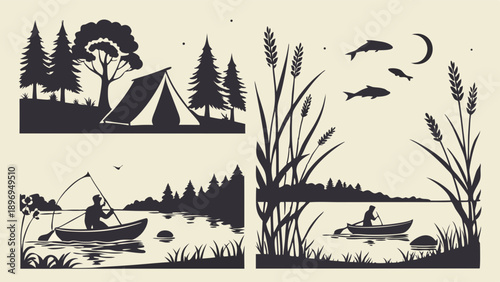 Outdoor Camping Fishing Adventure Silhouette Set Summer Vacation Travel Design Elements For Recreation Brochures