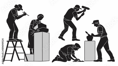 Artisan Sculptors Carving Stone and Shaping Pottery for Creative Craftsmanship Projects and Artistic Workshops