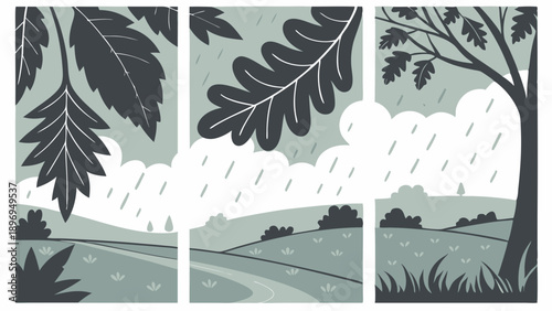 Monochrome Autumn Rain Landscape Triptych for Seasonal Web Design Background Nature Calm Mood Illustration