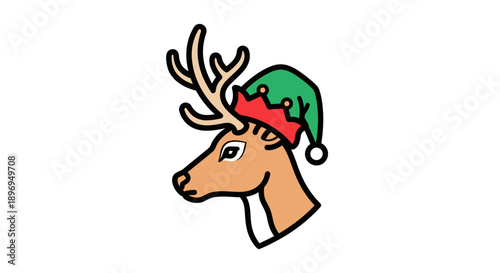 A cute cartoon reindeer head wearing a festive green and red elf hat for Christmas.