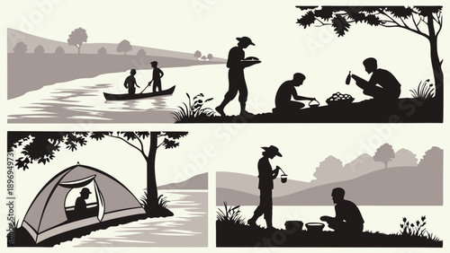 Outdoor Summer Camping Adventure Family Canoeing Fishing Tents Relaxation Travel Vacation Lifestyle Illustration