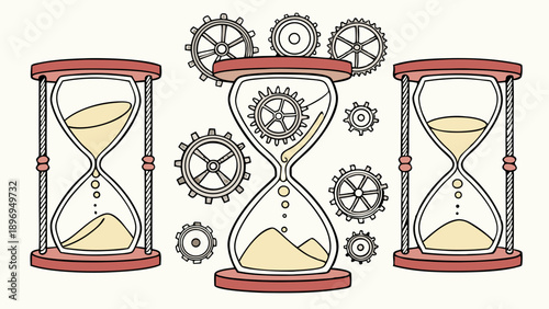 Hourglass Time Management Gears Mechanism Flow Progress for Deadline Planning and Efficiency in Business Projects