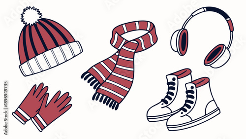 Cozy Winter Accessories Collection Knit Hat Scarf Gloves Boots Headphones for Cold Weather Seasonal Retail Design