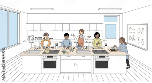 Cooking Class: Group of People Learning Culinary Skills in a Kitchen Setting.