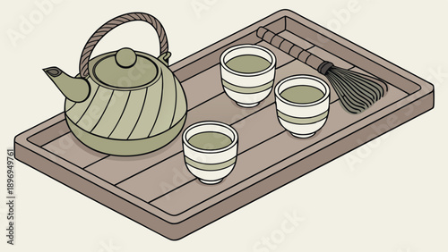 Japanese Tea Ceremony Set with Matcha Whisk and Cups on Wooden Tray for Relaxation and Wellness Web Design