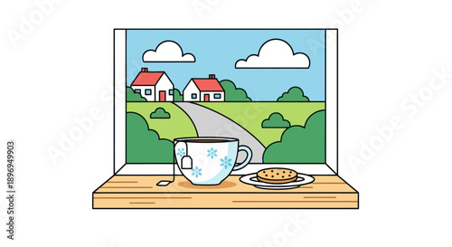 Cozy Teacup with Tea Bag and Cookie on Windowsill Overlooking Rural Landscape.