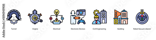Applied Engineering Technology web banner icon vector illustration featuring Tunnel, Engine, Electrical, Electronic Devices, Civil Engineering, Building, and Robot Vacuum Cleaner.