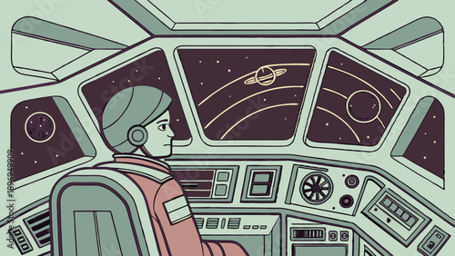 Focused Astronaut Pilot Navigates Spaceship Cockpit Through Star System for Sci-Fi Adventure Game or Technology Web Design